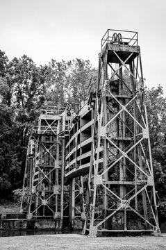 Counterweight of a lock and dam mechanical structure along the Erie Canal Trail outside of Rochester, NY