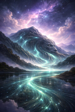 Cosmic Mountain Spirit with Flowing Energy River, Fantasy Galaxy Landscape, Mystical Nature Universe Scene