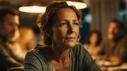 Fototapeta premium Introspection at the Table: A portrait of a woman lost in thought, the soft lighting adds depth, hinting at unspoken emotions, with the presence of others around the table.