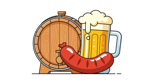 Oktoberfest Beer Mug, Sausage, and Wooden Barrel Illustration