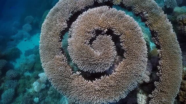 A spiral coral reef formation rises from the ocean floor in a stunning underwater scene.