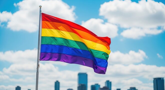 Celebrating pride month vibrant rainbow pride flag waving against a bright blue sky with city skyline