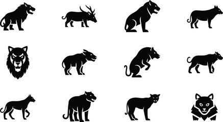 Obraz premium Wild animal silhouette vector icon set with lion tiger wolf panther predator collection for wildlife nature design and branding