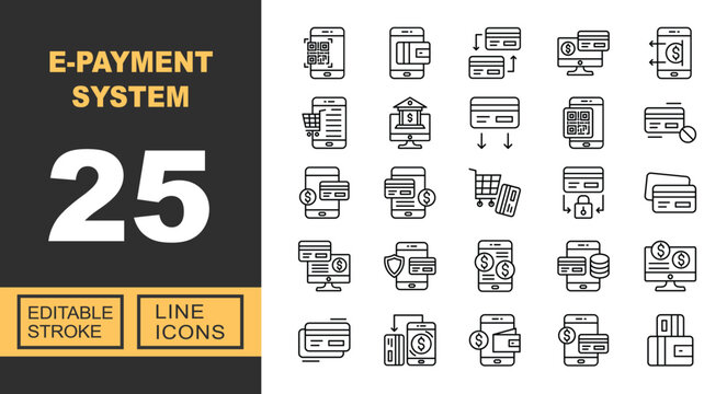 E-payment System line icon set. Exclusive E-payment System line icon collection. Containing smartphone, wallet, transfer, monitor, qr-code, shopping, banking, security, credit, card. Editable stroke.