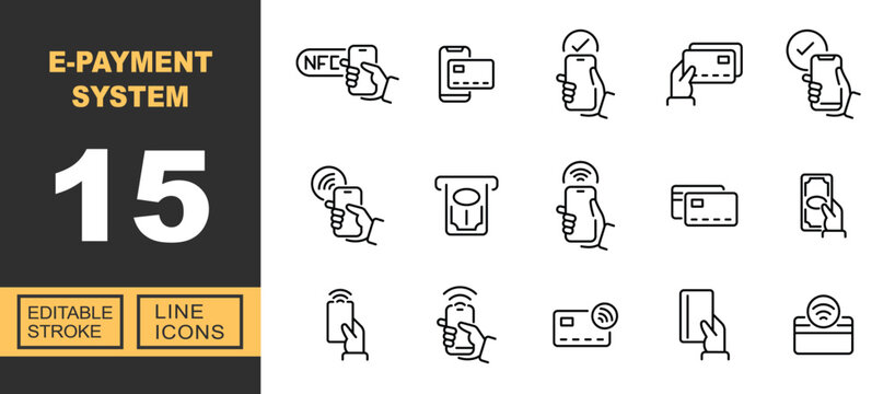 Exclusive E-Payment System line icon collection. Containing nfc, smartphone, mobile, cards, transaction, payment, atm, cash, contactless, terminal. Editable stroke.
