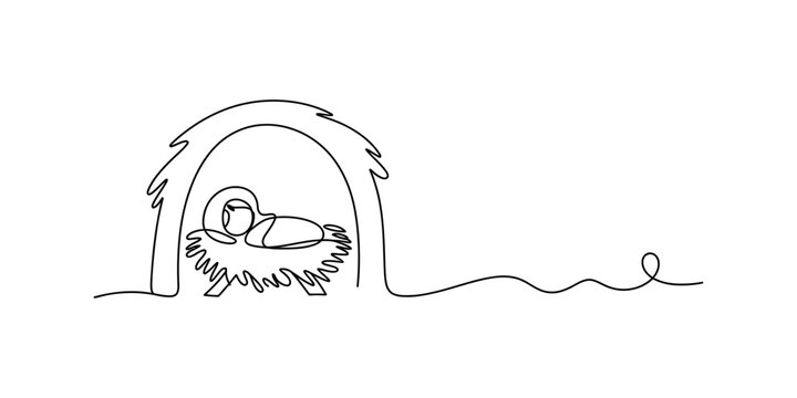 A minimalist single line drawing of the baby jesus resting inside a simple wooden stable manger Vector, illustration