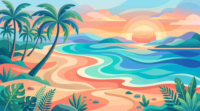 Modern Layered Tropical Summer Season Event Beach Sunset Poster Background Flat Vector