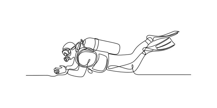 A single continuous line drawing of a scuba diver exploring the deep ocean floor in black and white Vector, illustration