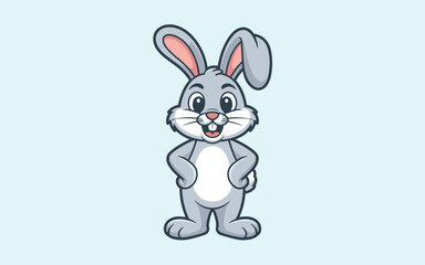 Fototapeta premium A cheerful cartoon rabbit stands smiling in a light blue environment.