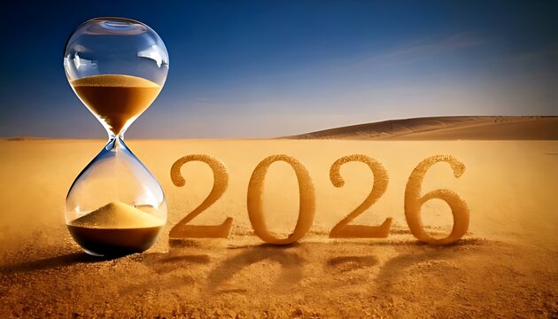 An hourglass with sand running out sits on sand dunes, in front of the year 2026. A blue sky is overhead