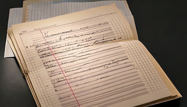 An open ledger with handwritten notes, lined pages, and aged paper. Other documents are in the background, hinting at archival data