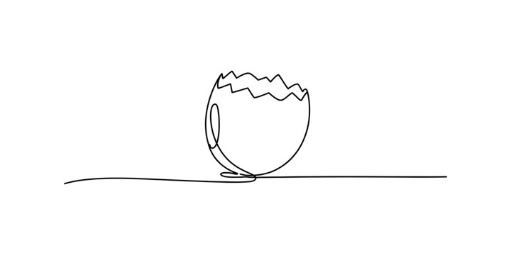 A single continuous line drawing of a cracked eggshell sitting on a flat horizontal surface line. Vector, illustration