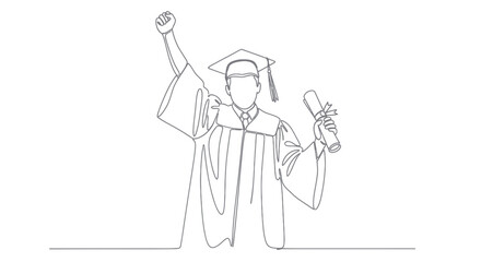 Obraz premium Graduate celebrating achievement, holding diploma, one line drawing