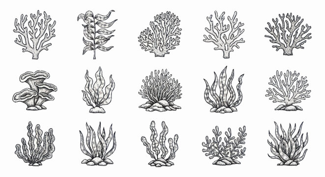 Collection of hand-drawn coral reef plants and seaweeds.