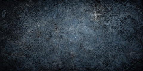 Fototapeta premium A dark blue vintage grunge background features an aged stone wall texture with a rough material surface and dirty paint pattern for a dark antique wallpaper backdrop