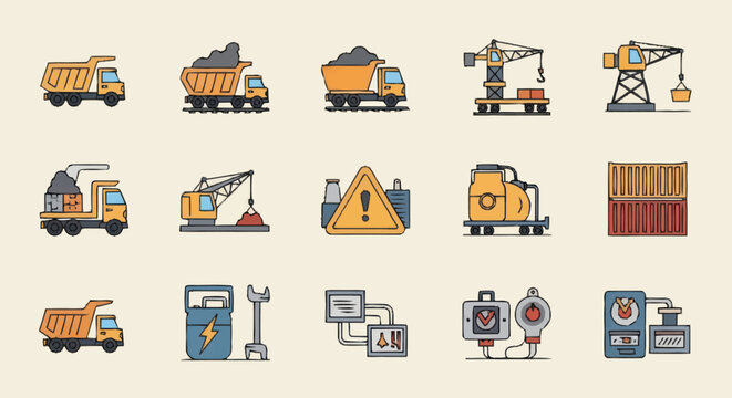 Construction and Industrial Equipment Icons Set.