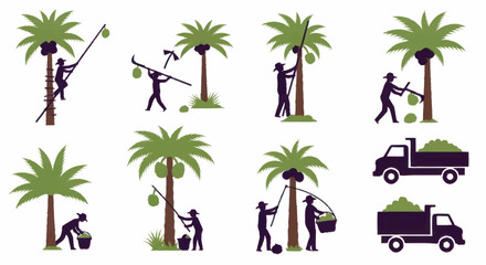 Coconut Harvesting Process Icons Showing Farmers and Trucks. © Anak