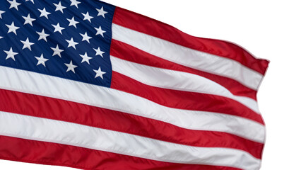 Fototapeta premium National flag of the United States of America (USA) waving in the wind isolated on transparent Background. Close-up of American flag stars and stripes symbolizing freedom and national pride.