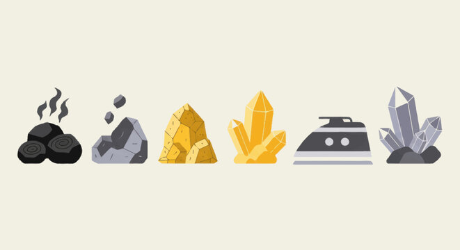 Collection of raw materials and minerals in flat design.