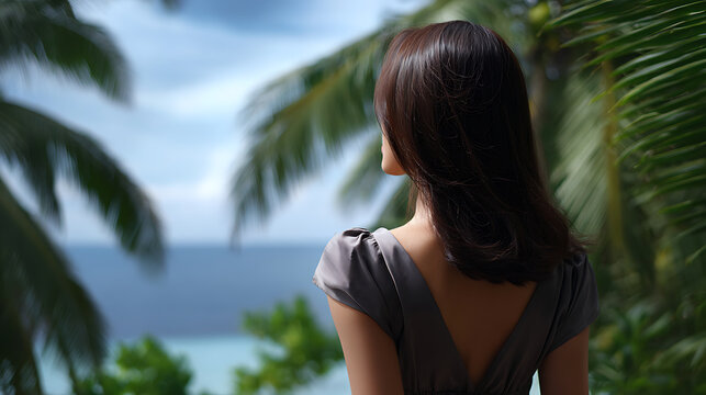 A woman with long dark hair gazes out at a tropical ocean vista, framed by lush palm fronds. Her back is to the camera, exuding an air of contemplation and serenity