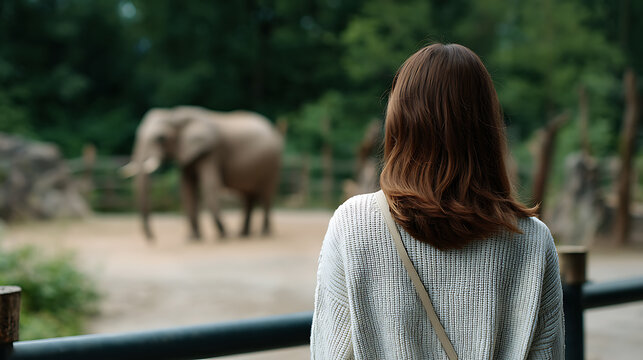 A woman from behind observes an elephant in an enclosure at what appears to be a zoo or wildlife park. The elephant is in the background, while the woman is in the foreground.