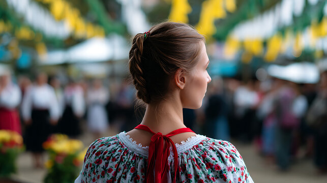 A young woman with braided hair, adorned in traditional embroidered attire, looks towards a lively gathering. Decorative flags in yellow and blue adorn the background.