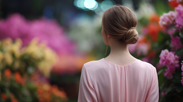 A woman with her hair in a bun, wearing a pale pink dress, gazes into a vibrant display of blooming flowers. The background is a colorful blur of pink, purple, orange, and yellow petals.