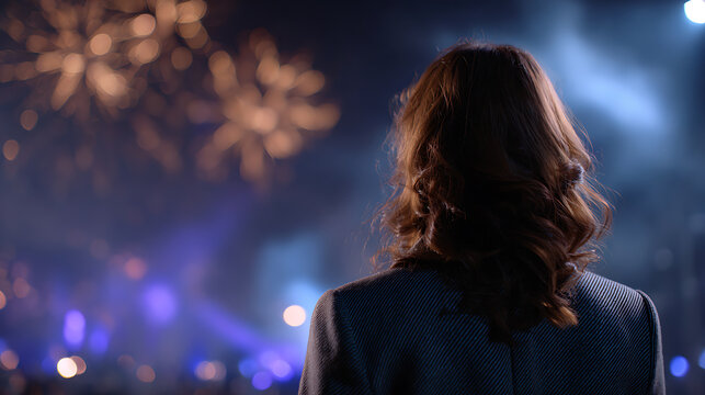 A woman from behind watches a spectacular fireworks display at night, with colorful lights and bokeh effects in the background