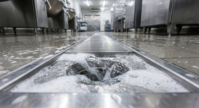 Water and soap suds flowing into a stainless steel kitchen drain