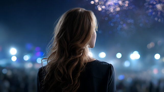 A woman with long, wavy brown hair looks out at a celebratory fireworks display. The background is blurred with bright lights and a crowd of people watching the spectacle