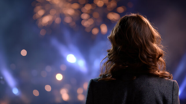 A woman stands with her back to the camera, gazing at a dazzling fireworks display. The night sky is illuminated by bursts of light and color, creating a sense of wonder and excitement