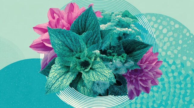 Vibrant botanical elements featuring mint foliage and magenta blossoms overlap abstract geometric shapes