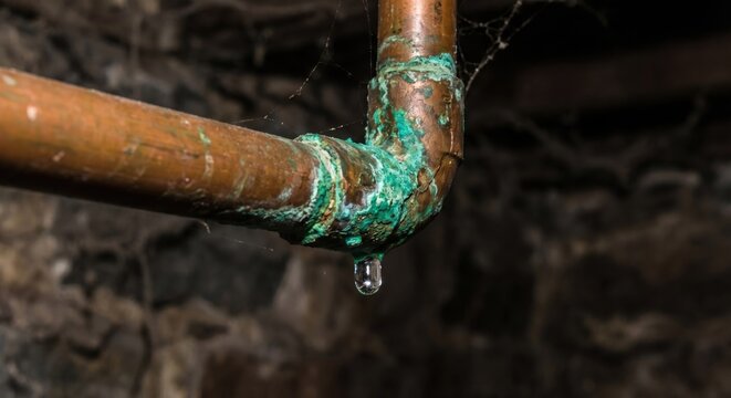 Corroded copper pipe leaking water drop in basement