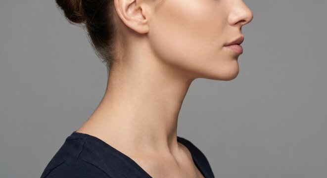Woman with sharp jawline contour and Nefertiti lift profile
