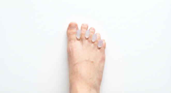 Foot with silicone toe spacers for bunion correction