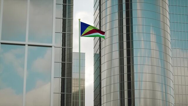 Seychelles Flag 3D Render Animation on Pole with City Buildings