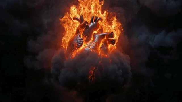 A heart engulfed in flames represents jealousy passion and intense emotional turmoil conceptual art