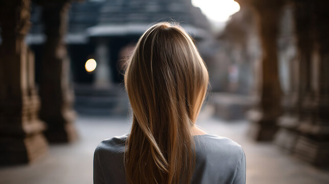 A woman with long blonde hair facing away from the camera, standing in a temple-like structure with intricate stone pillars and soft lighting
