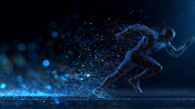 An abstract representation of a runner made of glowing particles, symbolizing speed and motion. The background is dark with blue bokeh lights