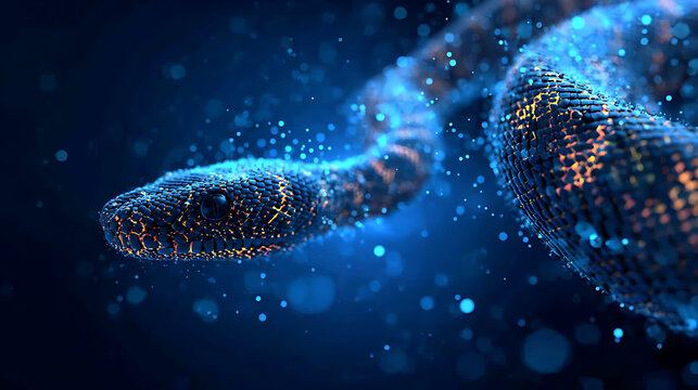 A digital snake composed of glowing particles slithers through a dark, futuristic abyss, with tiny blue orbs illuminating the void around it