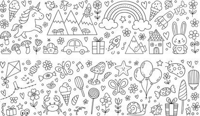 Collection of hand drawn doodle seamless patterns featuring unicorns mountains rainbows and cute animals for kids nursery wallpaper design and creative fabric textile projects © HridayChandra
