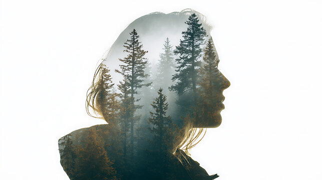 Double exposure portrait of a woman superimposed with a misty pine forest scene, evoking a sense of introspection and connection with nature