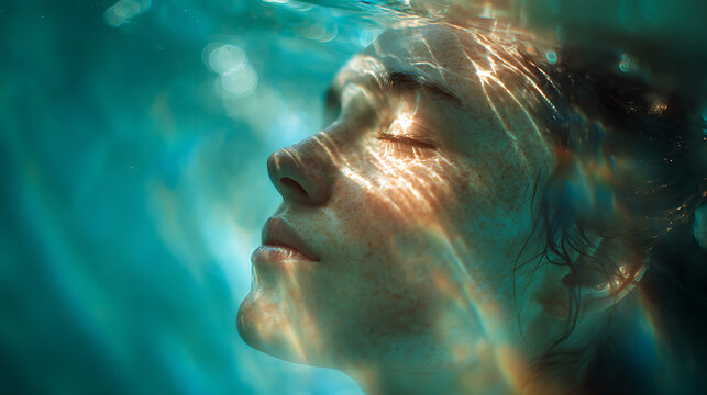 A woman submerges underwater, eyes closed, with light rays illuminating her face. The surreal scene evokes a sense of peace and introspection