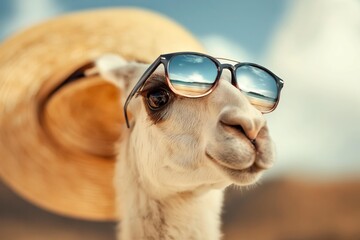 Fototapeta premium A cool llama wearing sunglasses and a straw hat at the beach