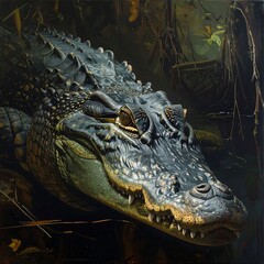 Obraz premium A close-up portrait of a crocodile's head in a murky swamp