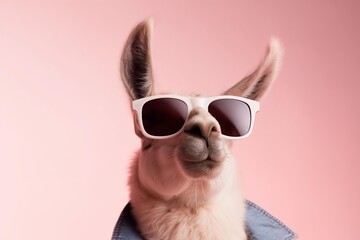 Fototapeta premium Cool llama wearing sunglasses and denim jacket against a pink background