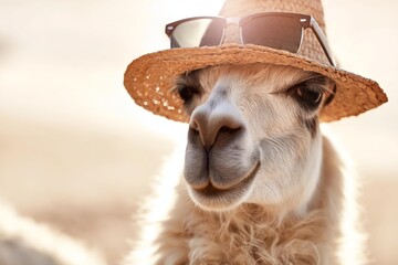 Fototapeta premium Close-up of a llama wearing sunglasses and a straw hat on a sunny day
