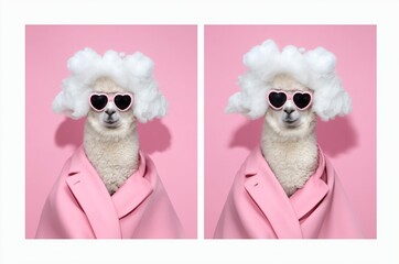 Fototapeta premium Fashionable alpaca wearing heart-shaped sunglasses and a pink coat against a pink background