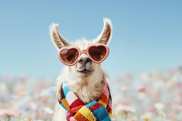 Fototapeta premium A cheerful llama wearing heart-shaped sunglasses and a colorful scarf smiles against a blue sky