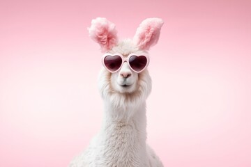 Fototapeta premium Cute white llama wearing pink heart sunglasses and fluffy bunny ears against a pink background
